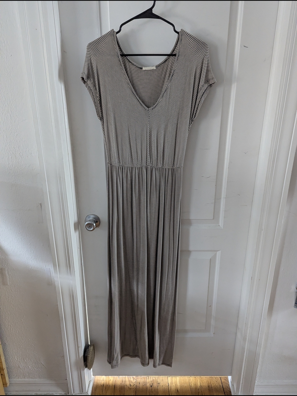 Promesa Taupe and White Striped V-Neck Maxi Dress